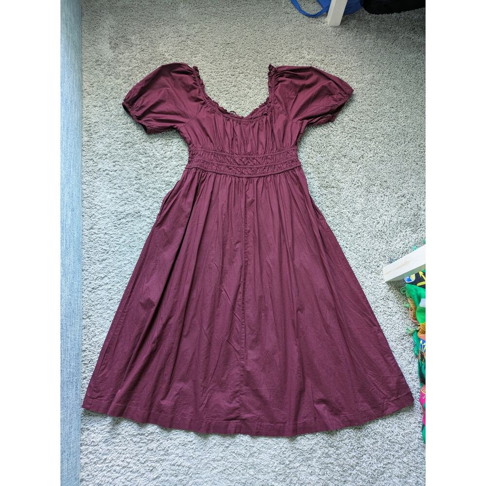 Old Navy Milkmaid Midi Dress Womens L Maroon Renaissance 100% Cotton Cottage - Picture 2 of 7